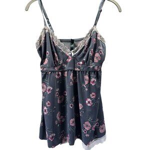 Laura Ashley Women's Babydoll Top M Y2K Floral Pink Gray Lace Fairy Slinky Adj